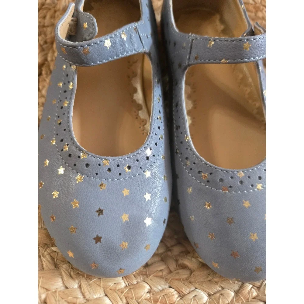 Mini Boden Girls Blue Leather Gold Star Mary Jane Flats Shoes Size EU 30